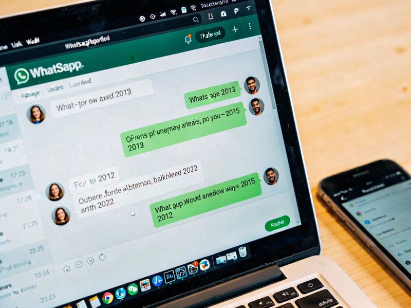 笔记本电脑屏幕上显示WhatsApp网页版聊天界面，旁边放着一部手机